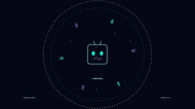 Animated digital robot head processing data with HUD interface elements