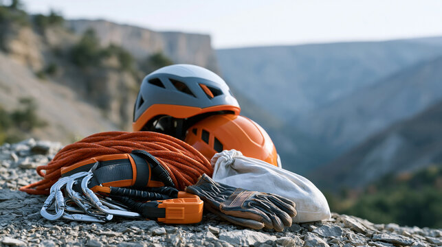 Symbolic still life on rock ledge at cliff edge showing via ferrata equipment laid out precisely, locking carabiners, rope, harness, descent device, helmet and chalk bag arranged beside single worn 