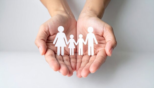 family care and future planning concept with paper cutout family protected by human hands, clean background, financial security theme