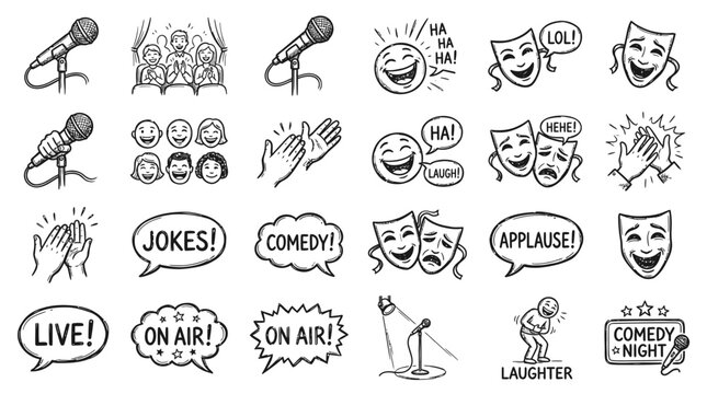 Stand-up Comedy Icons: Laughter, Jokes, Applause, Microphones, Masks, Stage