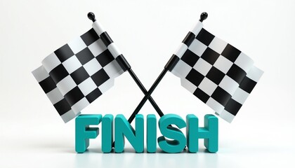 Fototapeta premium Two checkered flags wave over the word FINISH. This image symbolizes victory and the end of a race. Celebrate wins and achievements in sports, business, or life. Great for racing events success.