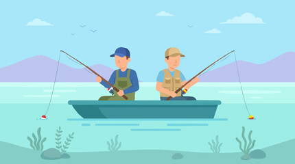 Two men fishing from a boat on a calm lake with mountains in flat style © Hexaview