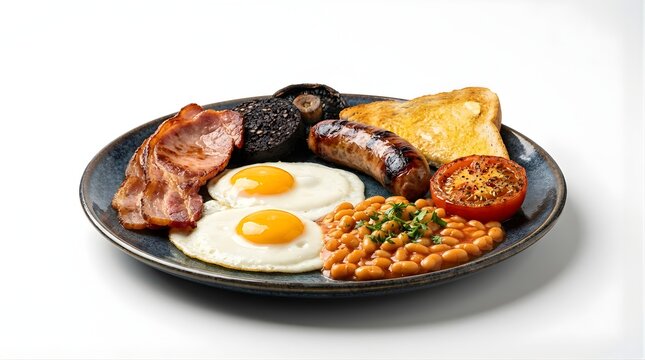 Full English breakfast plate with bacon sausage fried eggs baked beans tomato black pudding toast hearty morning meal