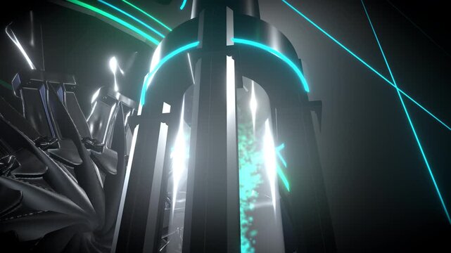 Low angle perspective emphasizing the scale of a Eco-friendly decarbonization turbine featuring a glowing green and cyan clean.