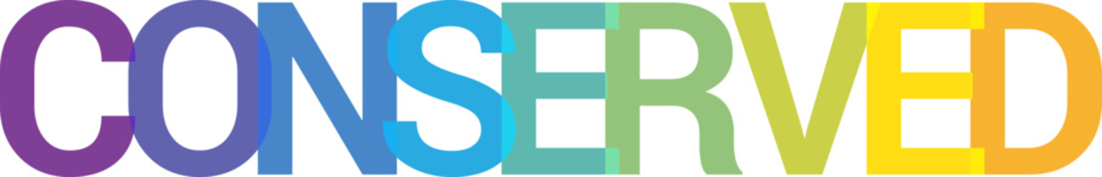 Colorful block letters spelling CONSERVED displaying a vibrant spectrum gradient representing environmental protection efforts