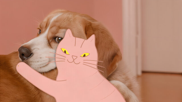 Playful cat drawing playfully covers face of beagle dog resting and looking away
