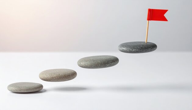 Project timeline represented by numbered stepping stones leading to success flag, project tracking and execution concept