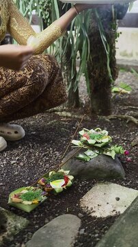 Balinese Woman is performing Traditional Offering Ritual or Worship Ritual at home during Kuningan Ceremony in Bali. Religion, Culture, and Travel Concept. 4K Footage