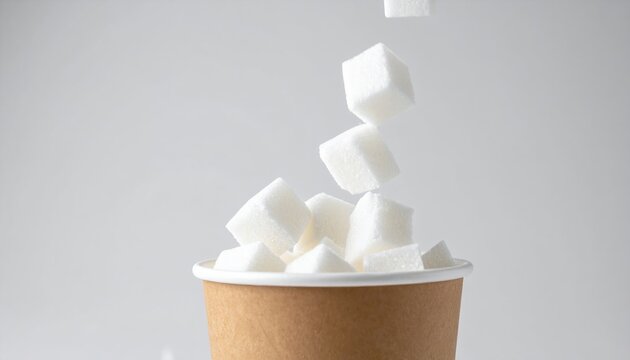 Sugar cubes falling into paper cup, excessive sugar consumption and unhealthy diet awareness concept