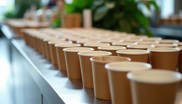 Rows of clean brown paper cups are stacked on a counter. These eco-friendly containers are ready for use at a cafe event or party. They signify a minimalist setting for beverages.