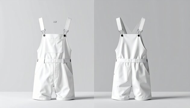Blank white salopette overalls worn mockup, side view fashion garment presentation, minimal studio background