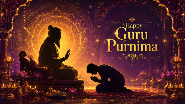 Guru purnima majestic guru blessing disciple in glowing palace shrine with lotus flowers and diyas for hindu relegious festival devotion and gratitude
