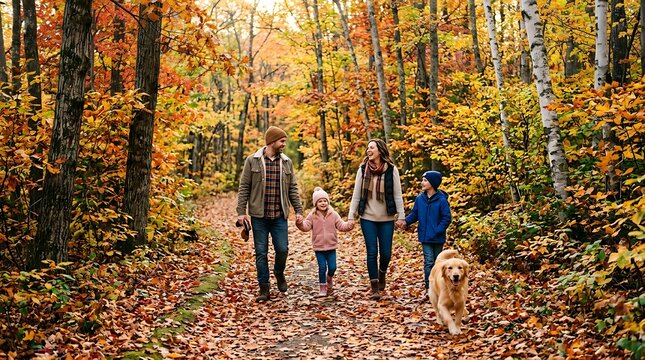 Happy family with golden retriever dog walking on a path in a vibrant autumn forest