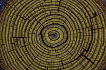 Fototapeta premium Tree rings visible, radial symmetry dominates. Golden hues contrast purple shadows. Cracked wood texture creates abstract pattern.