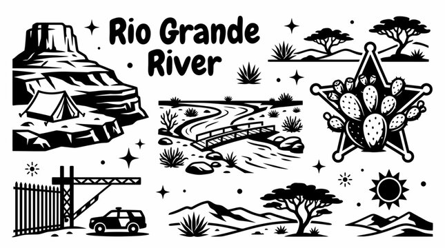 Rio Grande River border landscape isolated vector set, desert waterway and American southwest scenery concept black and white sketch