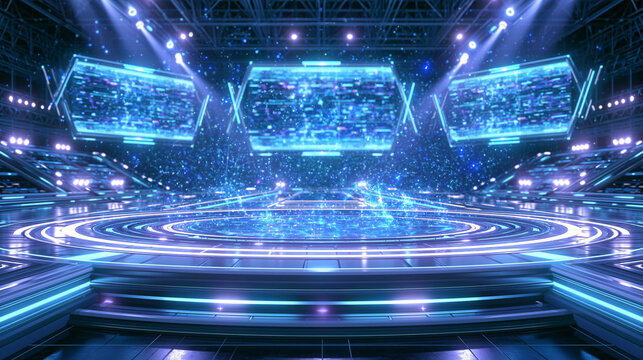 青く輝くネオンライトの未来的なeスポーツゲーミングアリーナ