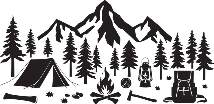 Camping and outdoor adventure vector silhouettes for mountain tourism branding recreation park logos and wilderness survival equipment marketing materials