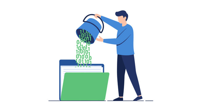 Data Management and Digital Storage Concept: Man Pouring Binary Code from a Bucket into a Digital Folder. Flat Vector Illustration for Technology and Information Organization.
