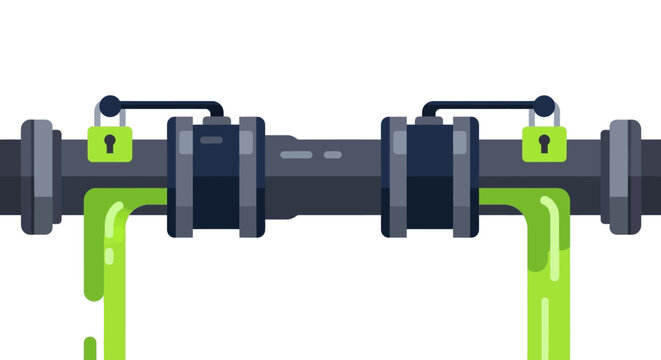 Industrial Security Pipe Illustration with Padlocks and Leaking Green Liquid - Concept for Cyber Security Breach, Data Leak, or Environmental Waste