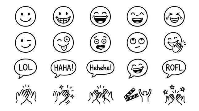 Set of Hand-Drawn Emojis and Icons for Laughter, Fun, and Celebration