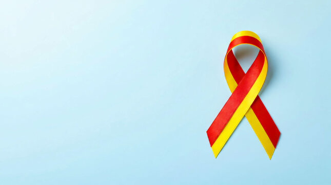 Red and yellow awareness ribbon on blue background, medical health support symbol, hepatitis C and HIV co-infection awareness concept