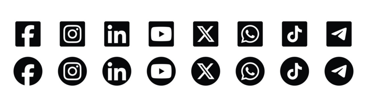 Social Media Icons Flat Black Silhouette On White Background