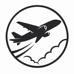 Naklejka premium Black silhouette of an airplane with clouds and a swoosh trail