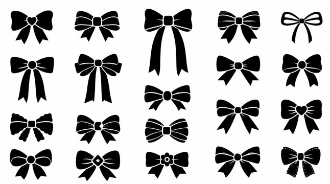 Collection of diverse black bow tie and ribbon knot on white background