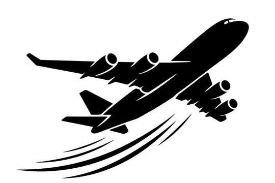 Dynamic black silhouette of a four-engine jet airplane taking off