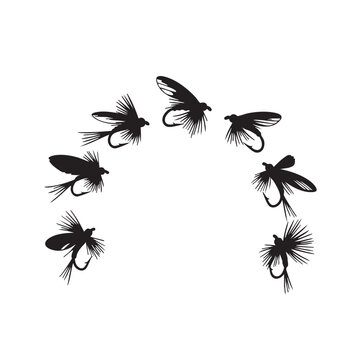 Collection of black fly fishing lures on a for outdoor and sport activities