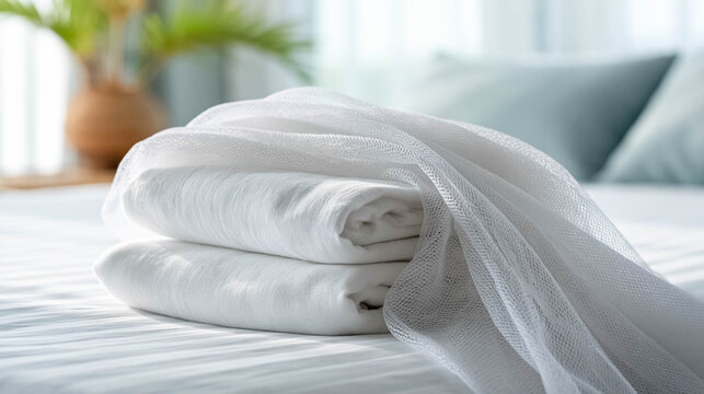 Folded white mosquito net on bed in bright bedroom, insect protection and malaria prevention concept