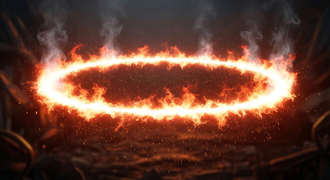 Circular fire ring burning with intense flames and smoke