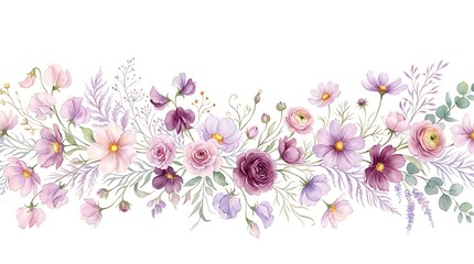 Fototapeta premium Beautiful horizontal floral border with pink and purple roses and delicate decorative garden flowers