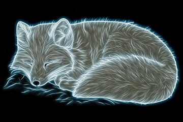Obraz premium An arctic fox rests in snow with a white coat, outlined in blue neon on a dark background, creating a warm and cozy glow.