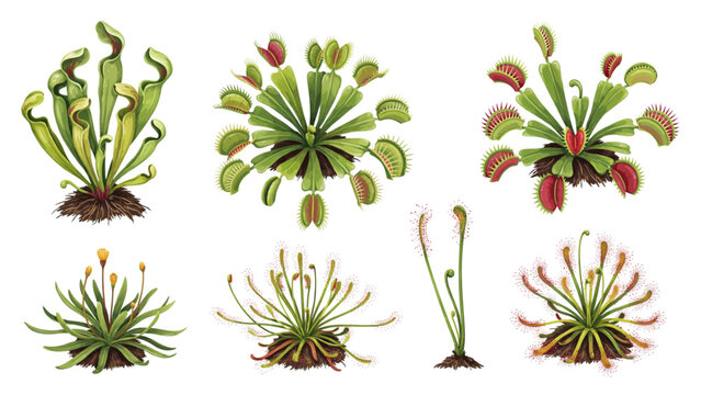 Illustrated collection of colorful carnivorous plants with dew drops Vector