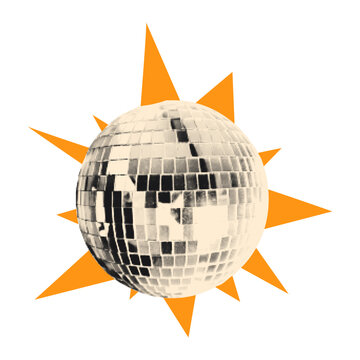 Halftone disco ball collage element. Cut out of a magazine party festive decoration sticker with yellow doodle star burst. Modern retro vector illustration isolated on transparent background