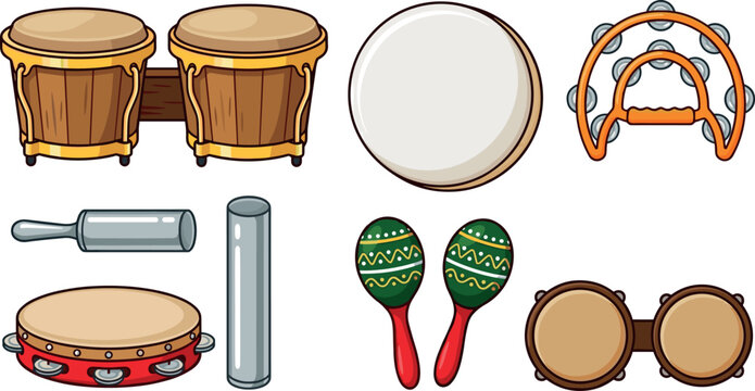 Percussion Musical Instruments Vector Icon Set Featuring Bongo Drums Tambourine Maracas Shaker and Hand Percussion Tools for Rhythm Music Designs