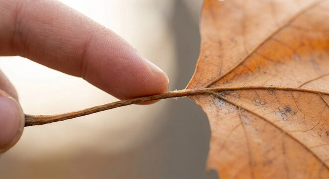 Macro shot of a finger touching the stem of a dry autumn leaf
