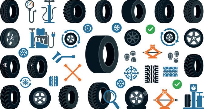 Car Tire and Auto Service Icon Set with Car Wheel Maintenance Tools, Rubber Tyres, Pressure Gauge, Mechanical Jack, and Tread Patterns for Automotive Graphic Design