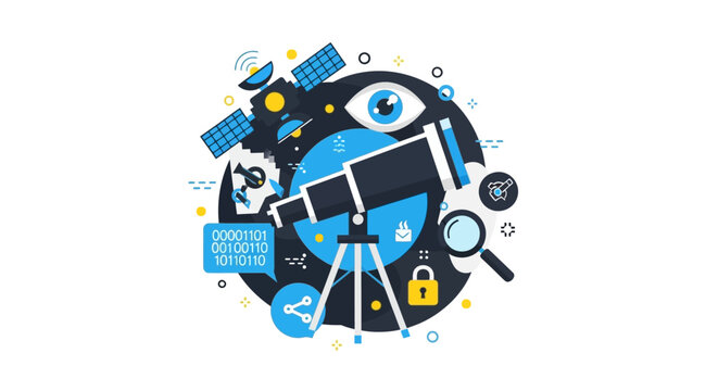 Modern Concept of Data Surveillance, Space Exploration, and Cybersecurity Monitoring with Telescope, Satellite, and Binary Code Flat Vector Illustration