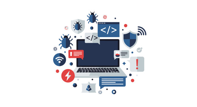 Cyber Security and Programming Concept Illustration with Laptop, Software Debugging, Malware Protection, Data Safety, and Coding Icons on White Background