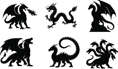 Fototapeta premium Mythological Black Dragon Silhouette Vector Icon Set Featuring Fantasy Monsters and Flying Creatures