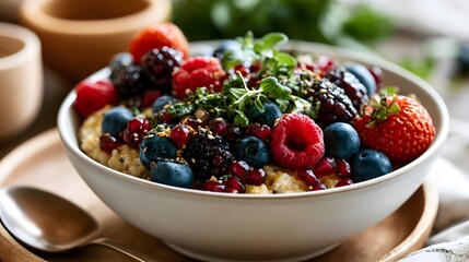 Obraz premium A close up view of a fresh healthy superfood breakfast dish beautifully garnished with vibrant herbs and seeds