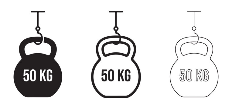 kettlebell icons with fifty kilogram weights hanging from hooks in solid black line and outline styles for fitness and workout concepts