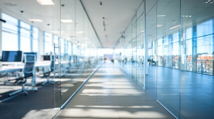 Fototapeta premium Bright modern office hallway features glass partitions extending toward the vanishing point