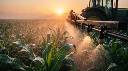 Fototapeta premium Tractor Spraying Corn Field with Pesticides or Water at Sunrise