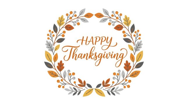 Happy thanksgiving wishes with colorful fall leaves and berries wreath