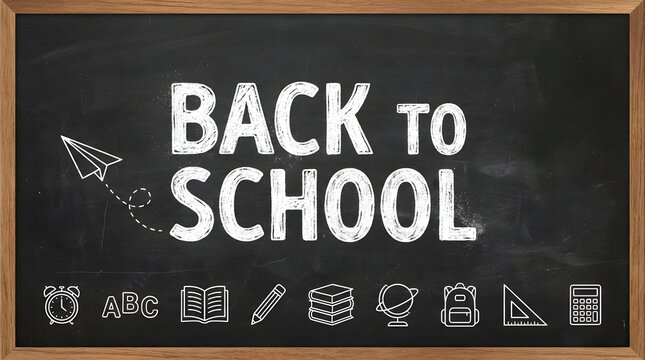 Back to school chalkboard background with school supplies icons