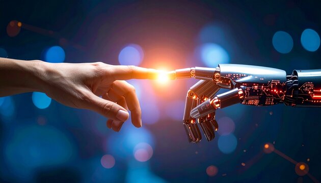 Human hand touching robotic hand with glowing circuits, futuristic technology