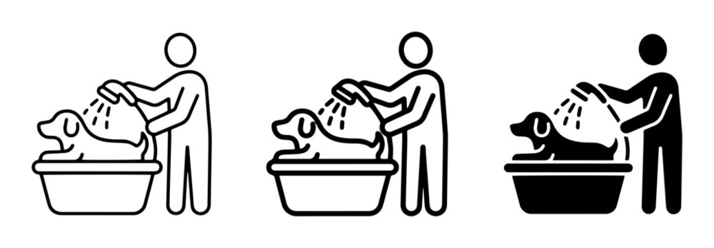 Dog Bath Icons, Pet Grooming Pictograms, Canine Hygiene Symbols. Set of 3 stylized illustrations depicting a person washing a dog in a tub, line art and solid silhouette styles.